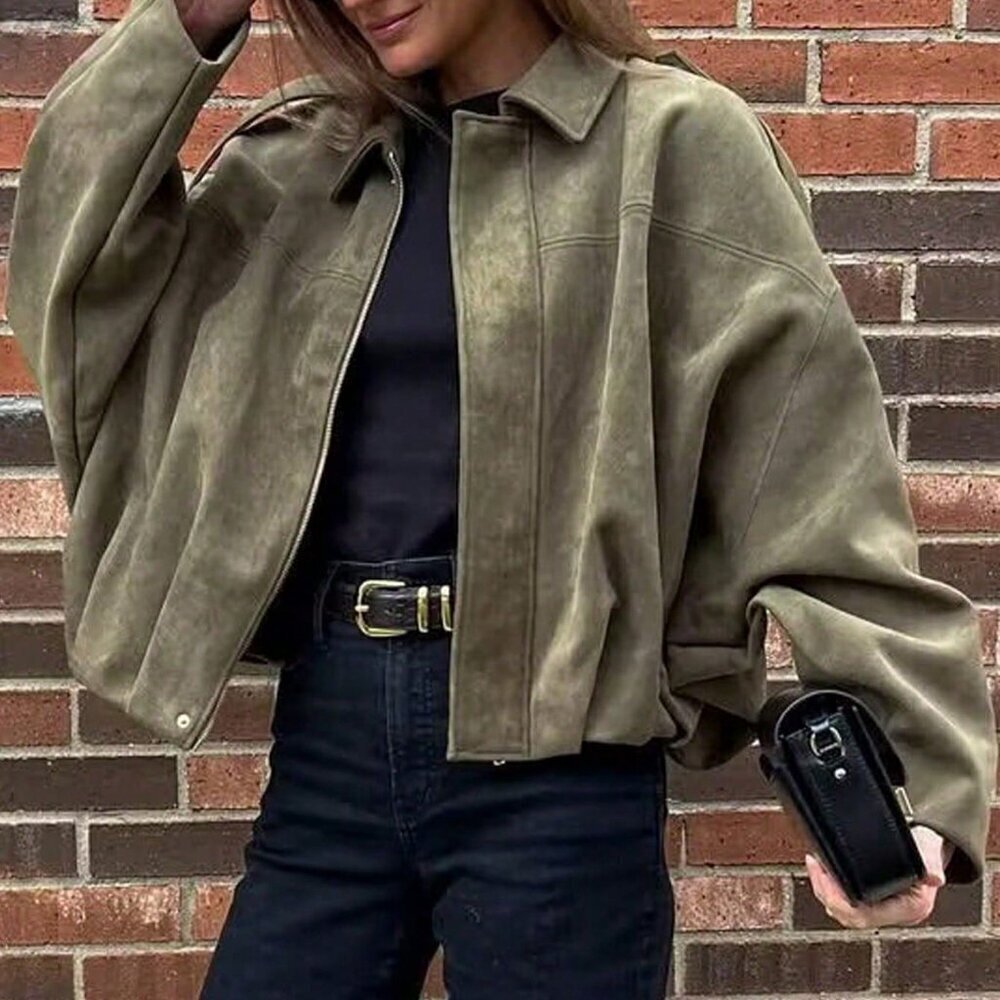 Army Green Casual Women's Loose Long Sleeves Zip up Bomber Coat Jacket - Picture 1 of 6